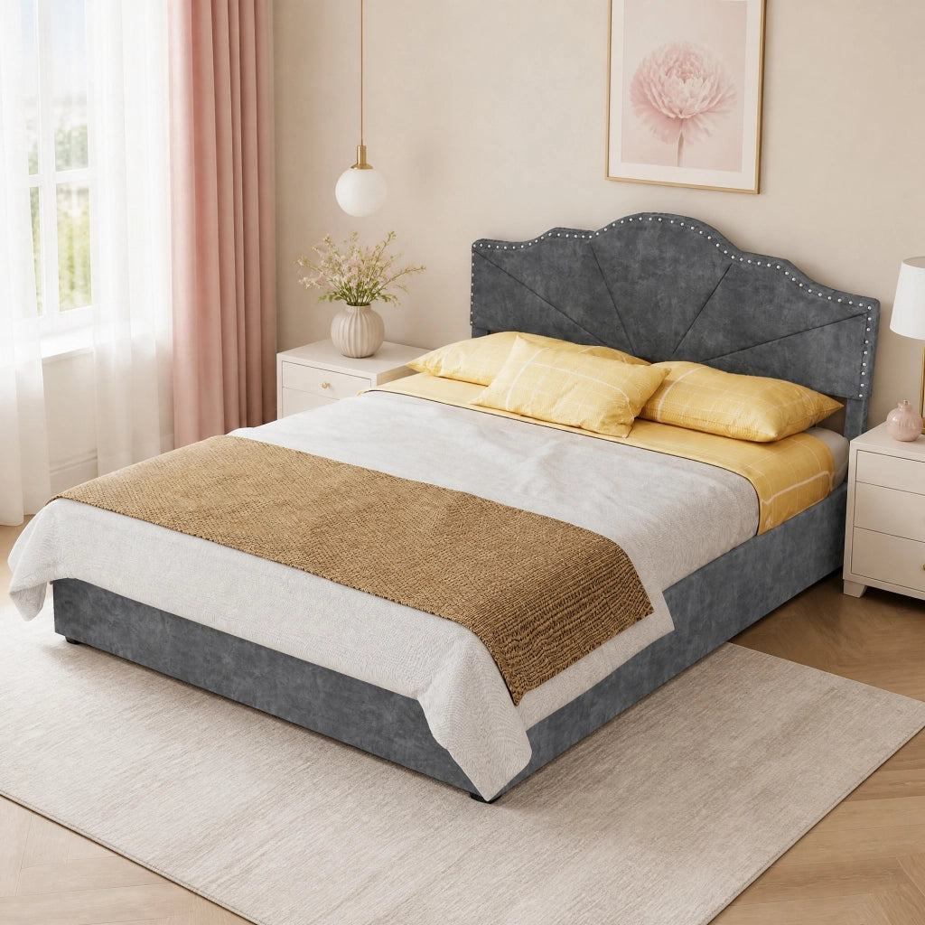 DESMIU Letto contenitore 140 × 200 cm 2 posti con testiera geometrica, senza materasso, in tessuto, grigio