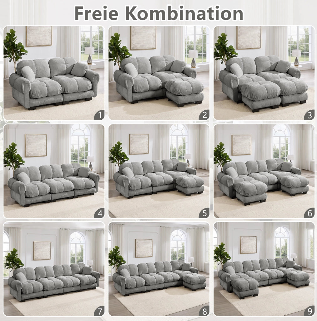 Divano in ciniglia grigio chiaro con pouf mobile; 190 x 149 x 90 cm