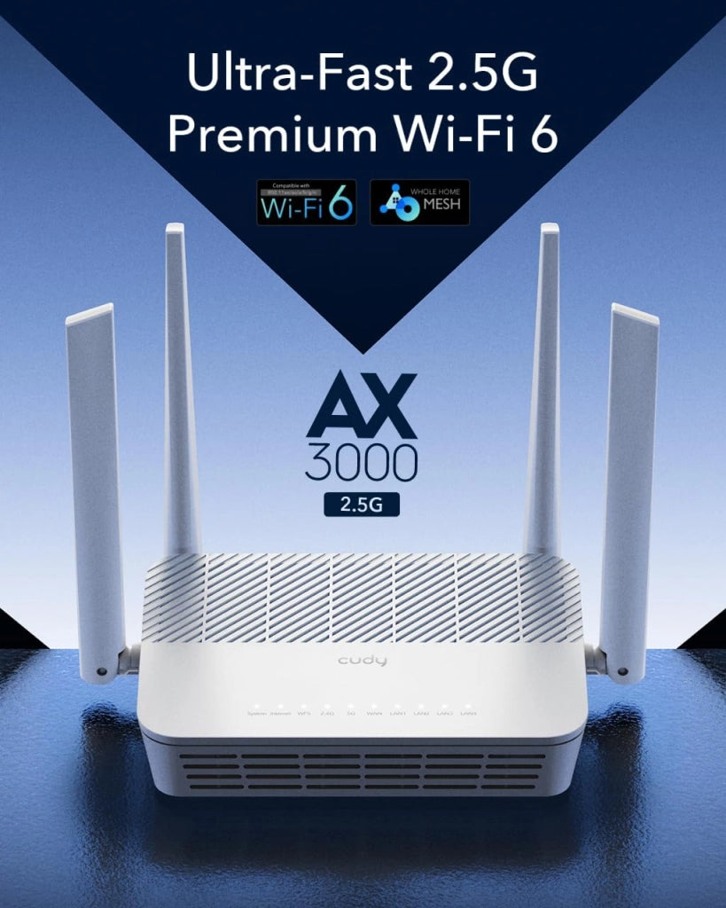 Cudy AX3000 WR3000H Router Dual Band WiFi 6 Mesh, 2,5 Gbps WAN, 4 Porte RJ45 Gigabit, MU-MIMO, OpenVPN, Wireguard, Zerotier, Ipsec VPN, APP Cloud