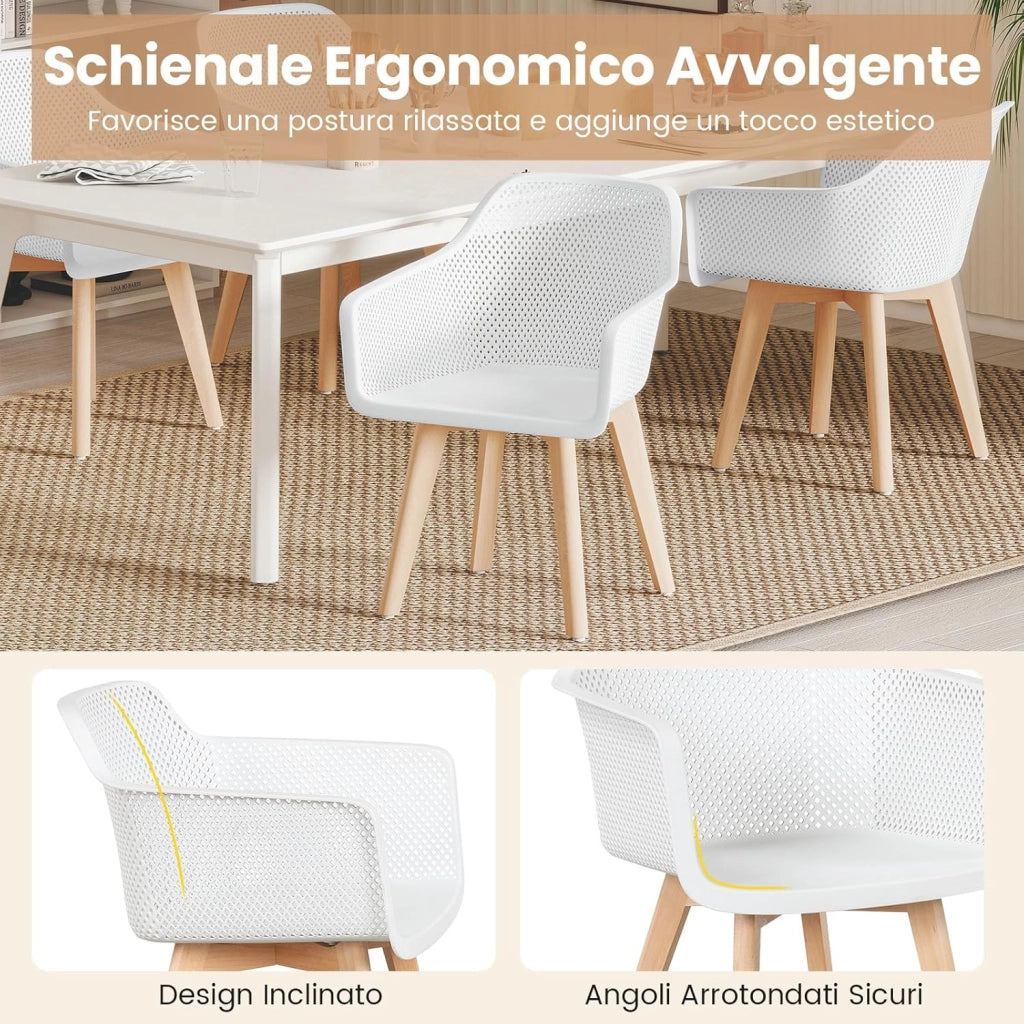 Set di 2 Sedie da Pranzo Moderne, Sedie in Plastica con Gambe in Legno, Schienale Traforato Traspirante e Seduta Ampia, Portata 150 kg, Ideale per Sala da Pranzo, Caffè e Soggiorno