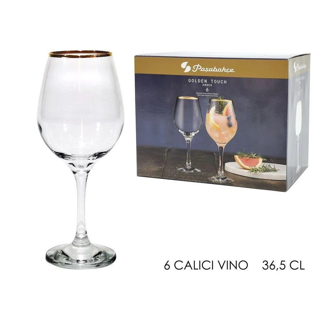 Trade Shop - Set Di 6 Calici Da Vino In Vetro Trasparente Con Elegante Bordo Superiore Oro Da 36,5cl -