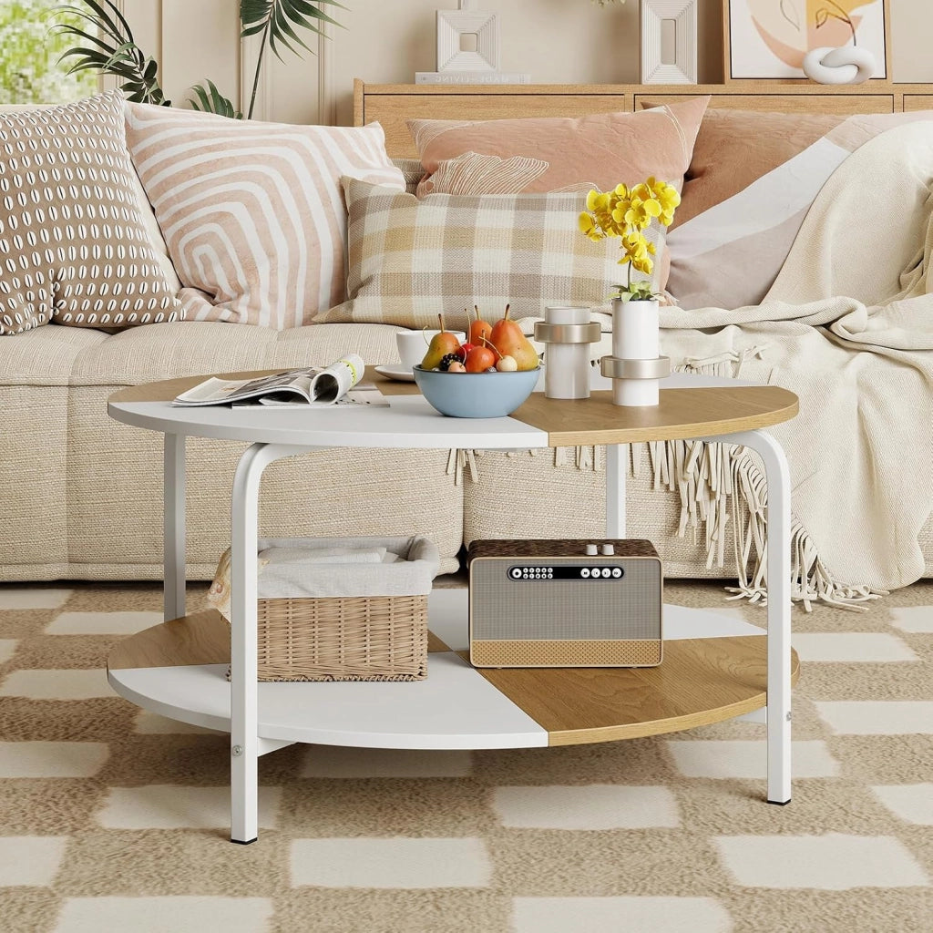 Tavolino da Salotto, Tavolino a 2 Livelli con Ripiano e Piedini Antiscivolo, Tavolo da Caffè Rotondo in Legno e Metallo, per Soggiorno, Studio e Ufficio, Portata 100 kg, 80 x 80 x 42 cm
