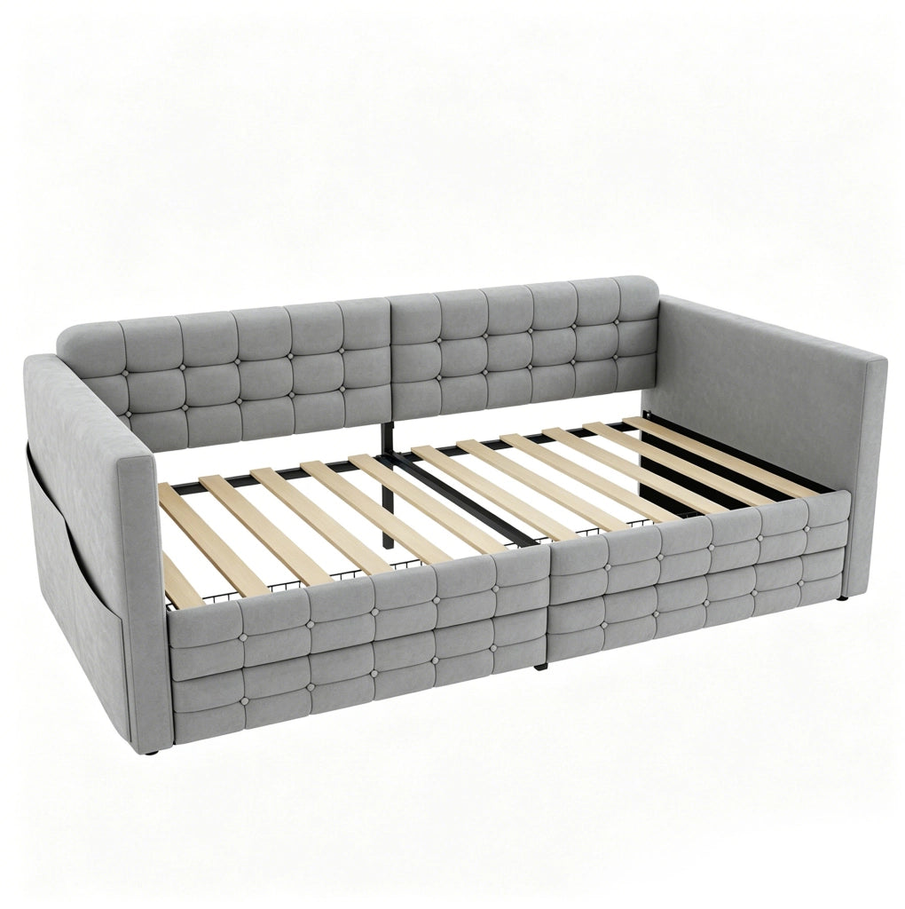 Letto imbottito 90x190 cm con 2 cassetti e tasche laterali in velluto grigio chiaro