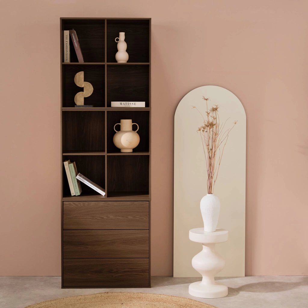 Libreria modulare in legno, 3 cassetti 8 vani, noce