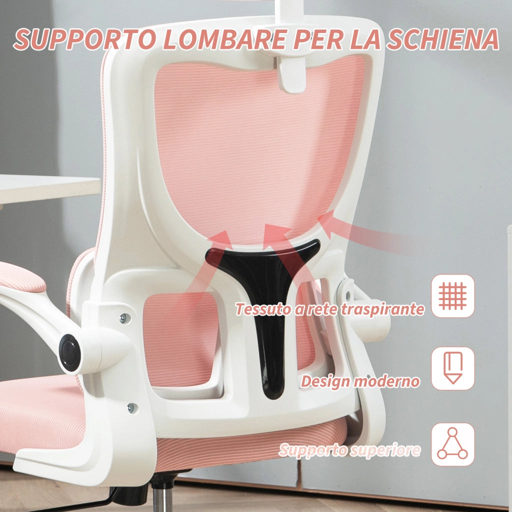 Sedia da Ufficio Regolabile e Reclinabile con Poggiatesta Rimovibile, in Tessuto a Rete, 60x59x114-122 cm, Rosa