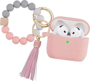 Hoes per AirPods 4 - copertura in silicone morbido con cinturino e catenina - resistente agli urti e ai graffi - disegno rosa con parole chiave "protezione" e "pratico