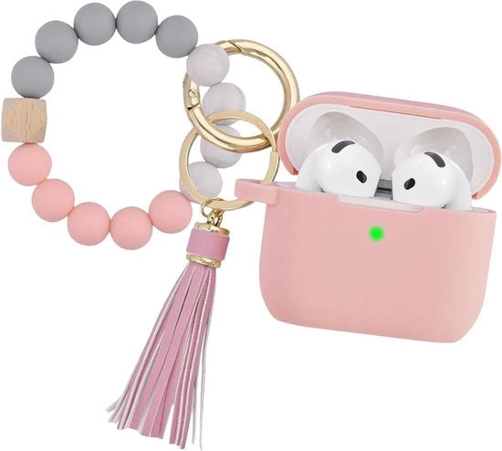 Hoes per AirPods 4 - copertura in silicone morbido con cinturino e catenina - resistente agli urti e ai graffi - disegno rosa con parole chiave "protezione" e "pratico