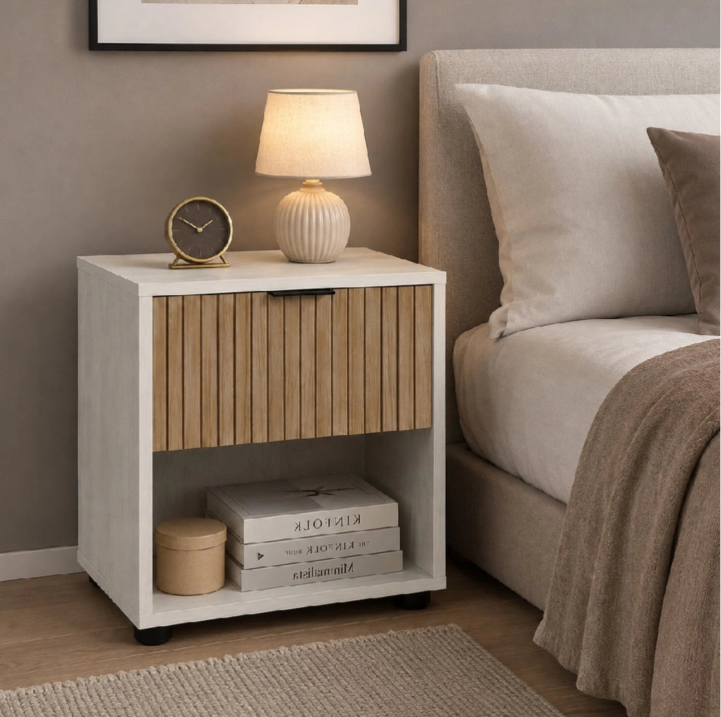 Comodino in Legno 1 Cassetto e Ripiano Design Moderno 40x30 h45 cm Bianco Rovere
