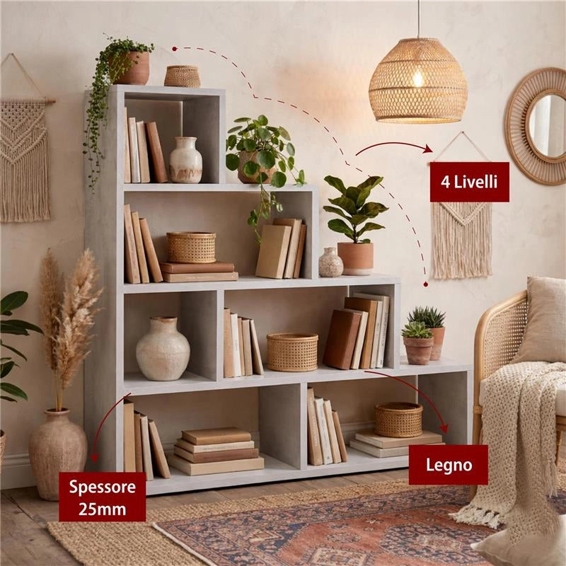 SCAFFALE A LIBRERIA DI DESIGN A SCALA L IN LEGNO DIMENSIONI 144X150X38 CM, COLORE OSSIDO BIANCO