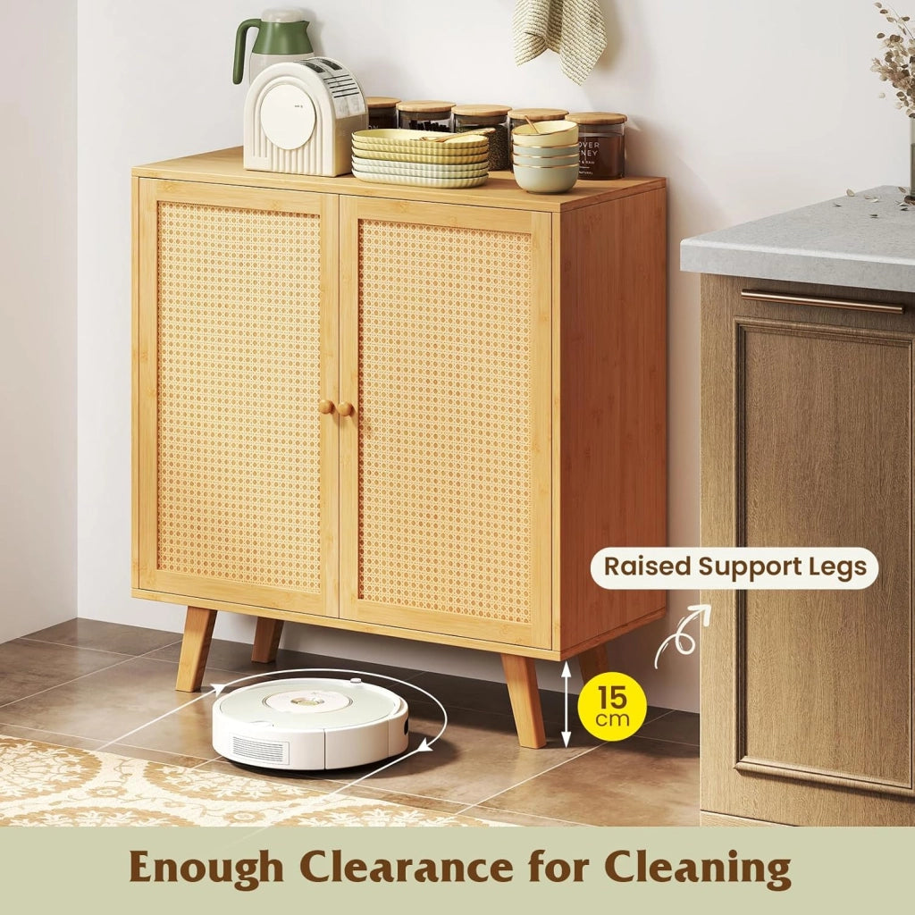 Credenza da cucina in bambù con 2 ante decorate in rattan, 80 x 34,5 x 85 cm, armadio a 2 livelli, stile boemo, mobile per sala da pranzo, soggiorno, camera da letto