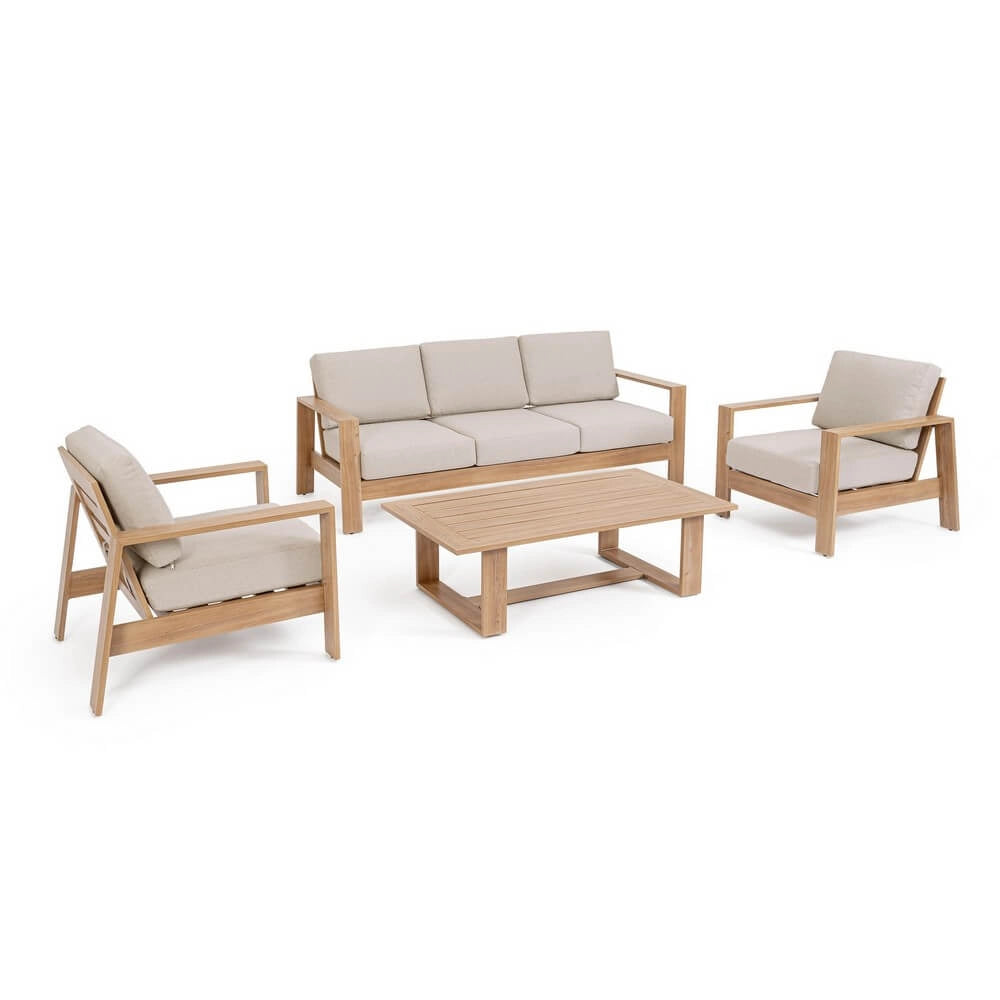 Set salotto 4 posti da esterno con cuscini in alluminio effetto legno - BALTIC