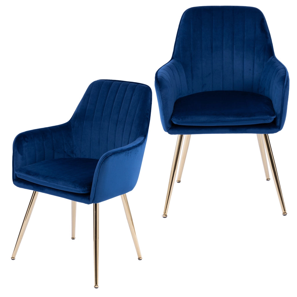 Set di 2 sedie da pranzo con braccioli in tessuto e gambe metalliche dorate blu