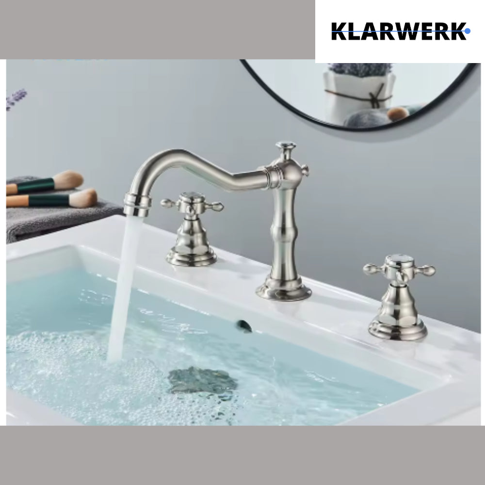 JULIAN | Rubinetto da bagno vintage a 3 fori argento spazzolato | Lavello in acciaio inossidabile retrò premium | Antico miscelatore 2 maniglie