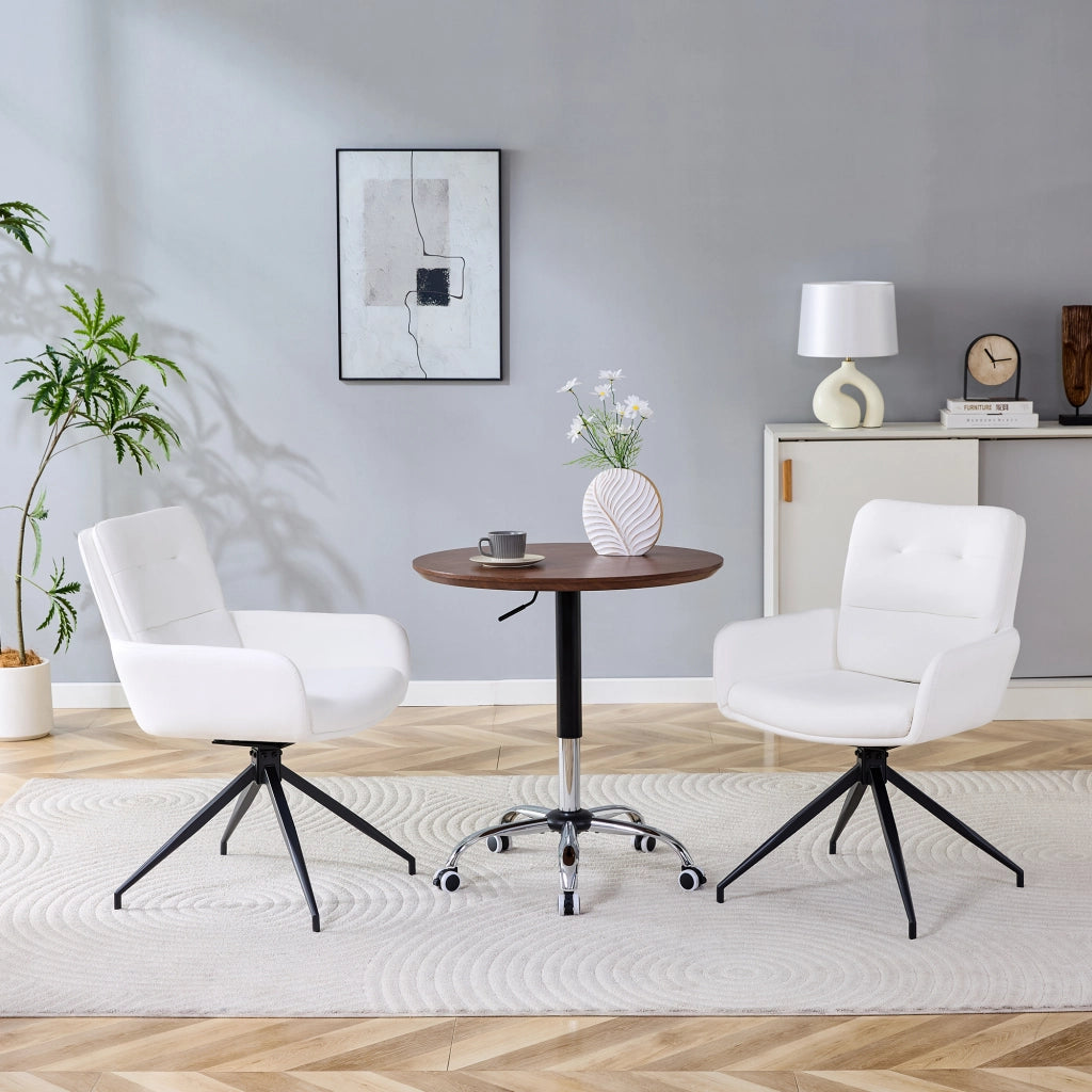 Sedia da pranzo girevole 360° con schienale capitonné, PU e gambe in metallo nere, bianco e nero, 85 cm