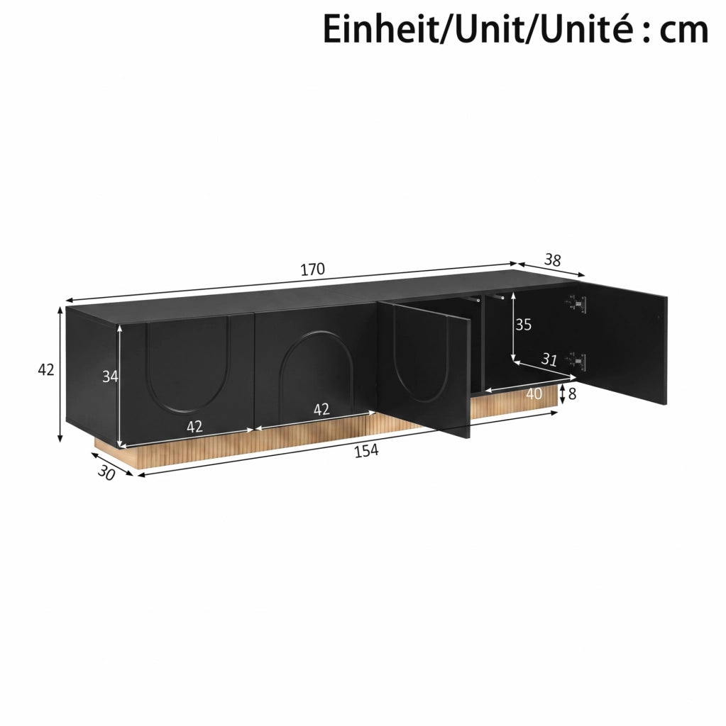 Mobile TV moderno con 4 ante; 170 x 38 x 42 cm; in MDF e truciolare; nero