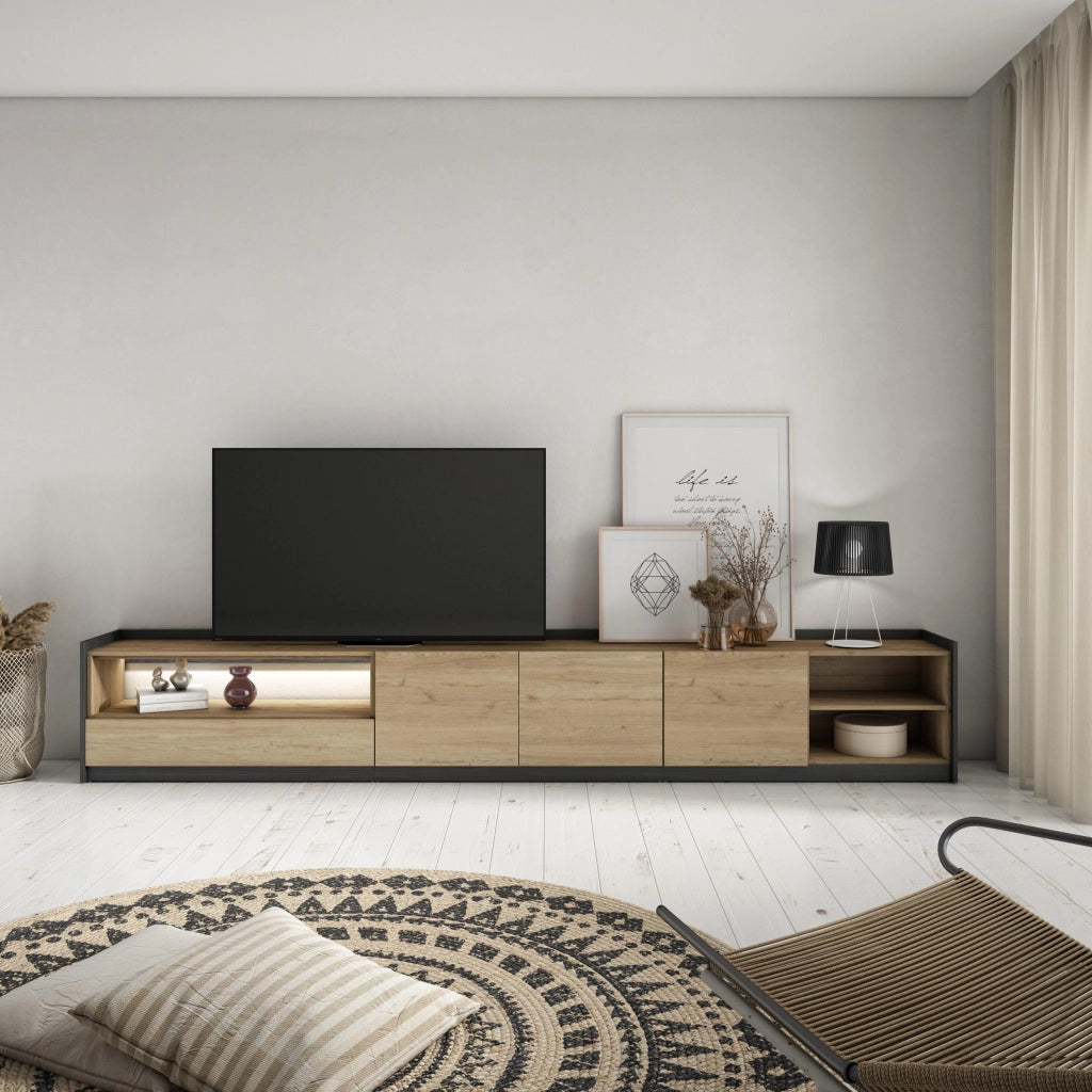 Mobile TV Soggiorno, 310x50x37 cm, Per TV fino a 80", LED, Rovere e nero