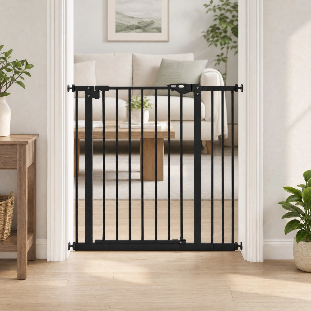 Cancelletto di sicurezza per cani 82x73x6.5 cm con chiusura automatica; metallo nero