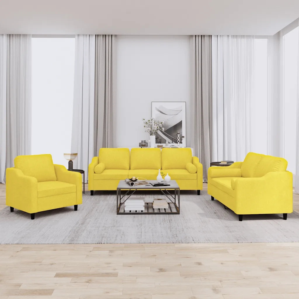 Set di Divani 3 pz con Cuscini Giallo Chiaro in Tessuto