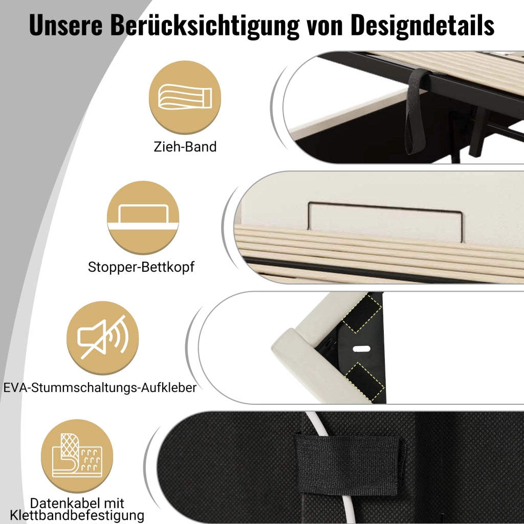 LETTO contenitore 160x200 cm in PU bianco con materasso incluso, LED e USB