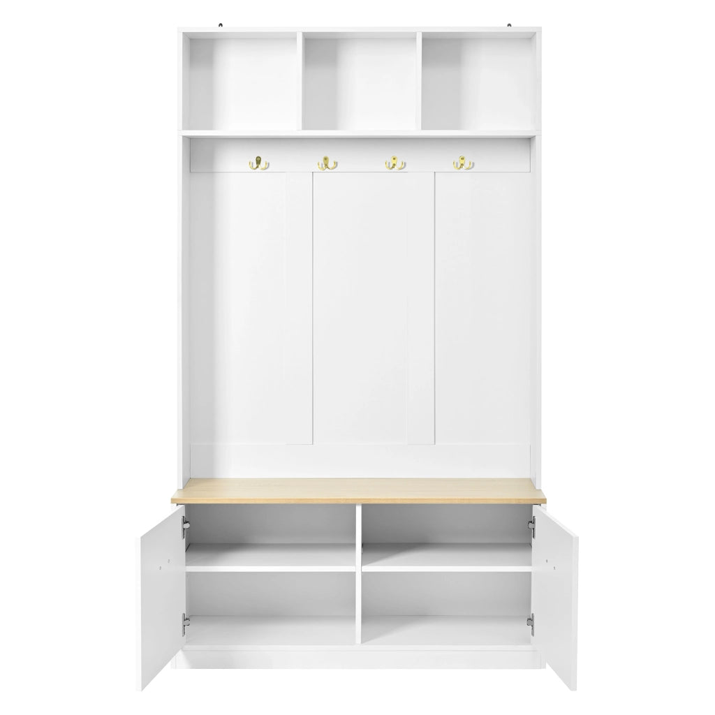 Guardaroba con Panca, Vano Aperto e 2 Ante ¨C MINIMAL ¨C Bianco/Naturale, 4 Ganci, 105x40x180 cm