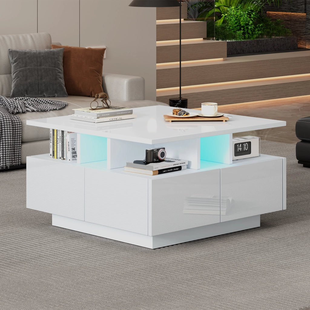 TAVOLINO DA SALOTTO 70x70x40 cm Bianco Lucido con 4 Cassetti e LED