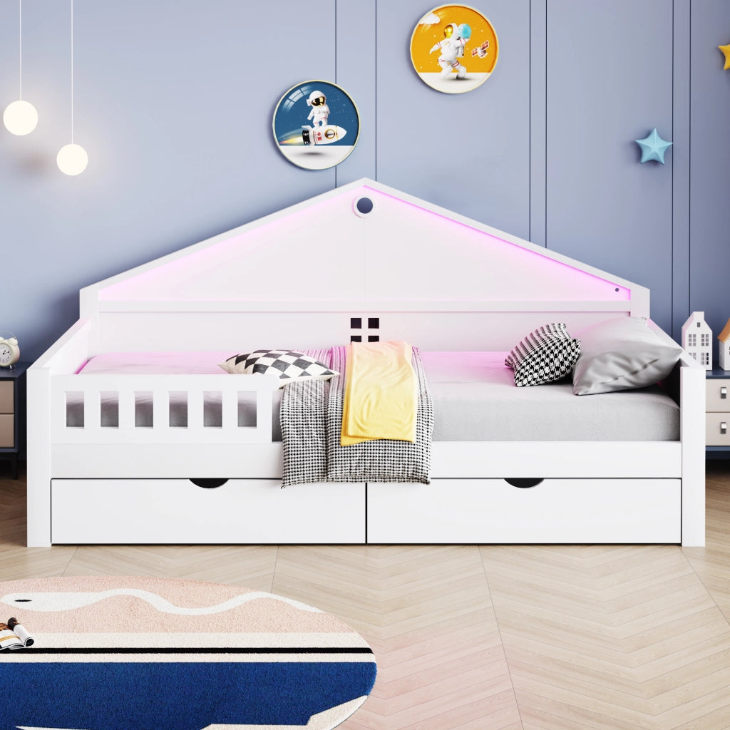 LETTO 90x200 cm con LED e 2 cassetti Bianco, Legno massello e MDF