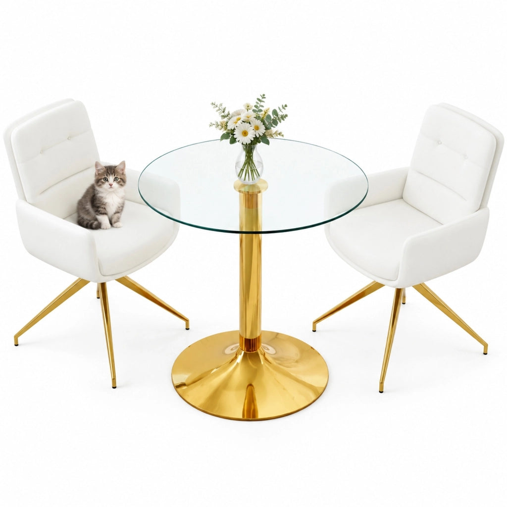 Set tavolo rotondo in vetro e 2 sedie girevoli bianco oro