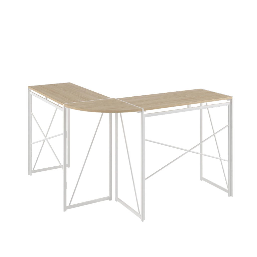 Scrivania angolare a L con struttura in metallo e piano in legno, finitura White Oak
