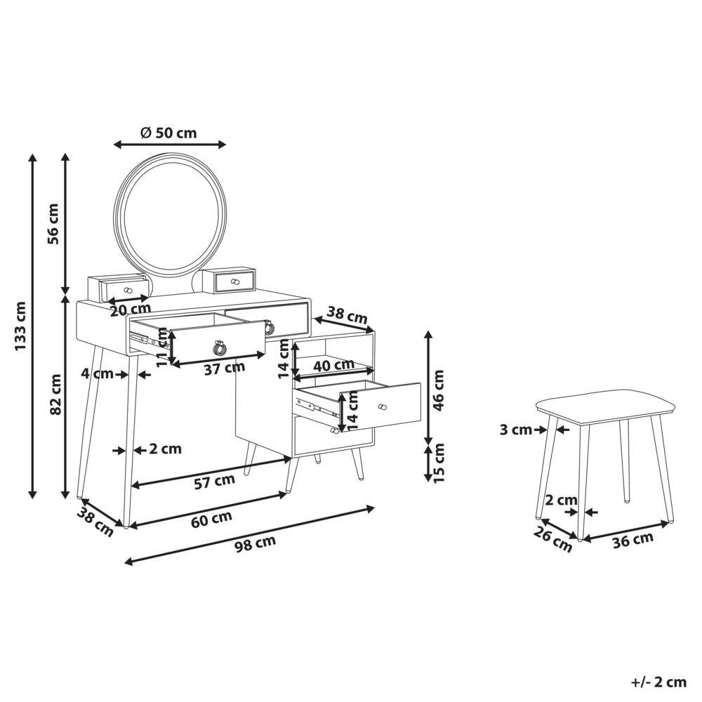 Toeletta con 6 cassetti specchio LED nero e oro e sgabello camera da letto elegante