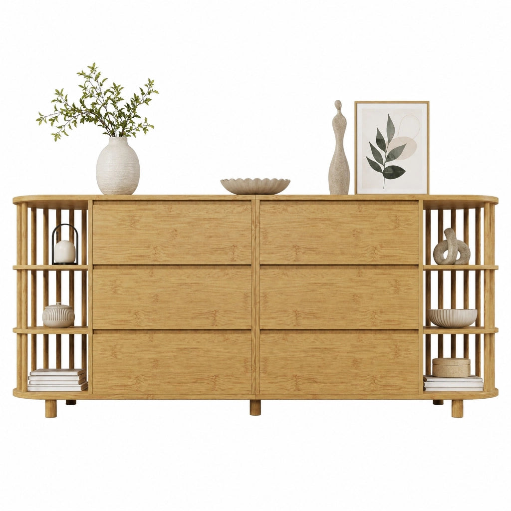 Comò Sideboard 160x40x75 cm in Eiche, design rétro con colonne, 6 cassetti e ripiani aperti, gambe regolabili