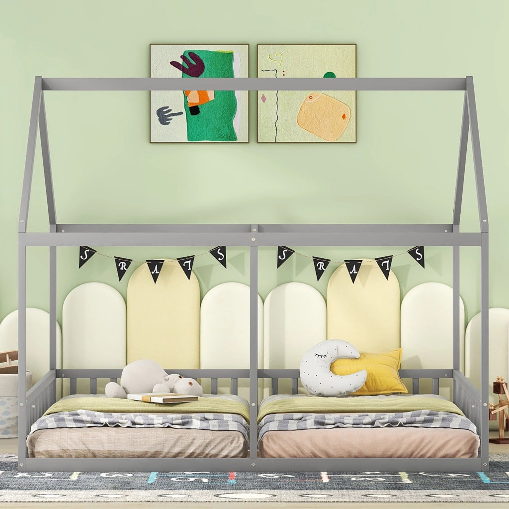 Letto per bambini 2 in 1 90x200 cm a casetta; grigio; in pino e MDF