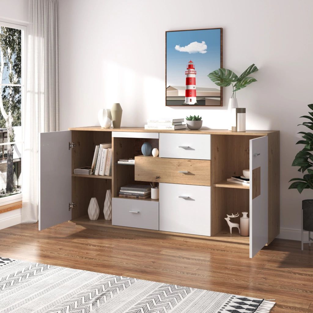 OKWISH Credenza Contenitore con 2 Ante e 4 Cassetti, Ripiani Regolabili e LED, per Soggiorno, MDF, 160 x 40 x 77 cm