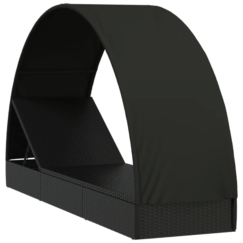 Lettino con Tetto Rotondo Nero 211x57x140 cm Polyrattan 319644