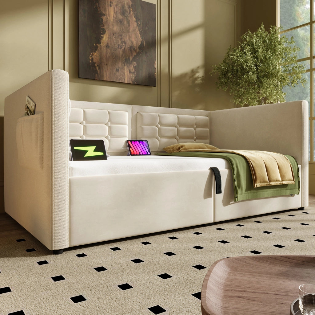 Divano letto imbottito 90x200 cm beige in velluto con contenitore e ricarica USB