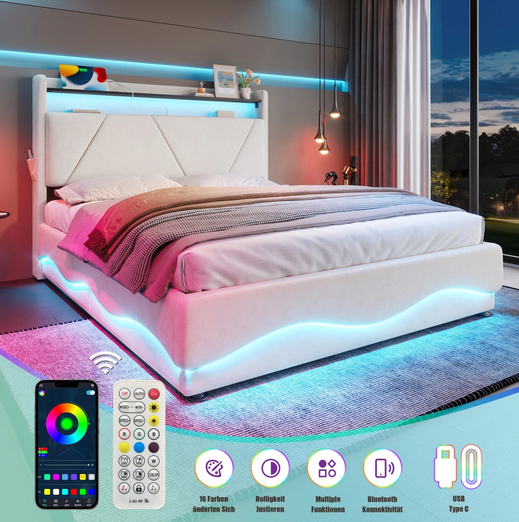 Letto matrimoniale 160x200 cm in velluto beige con LED e USB