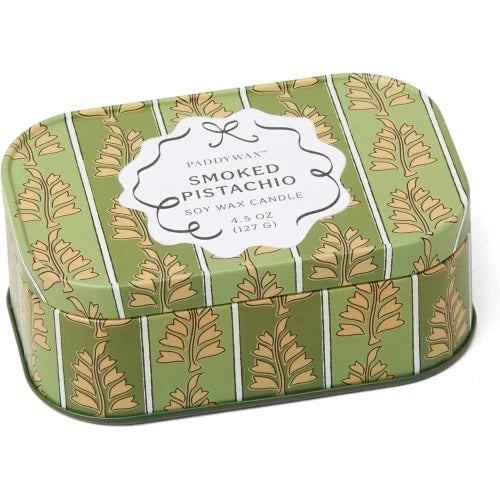 Candela Cherie in latta stampata da 127 g (4,5 oz) - Verde e kaki - Pistacchio affumicato