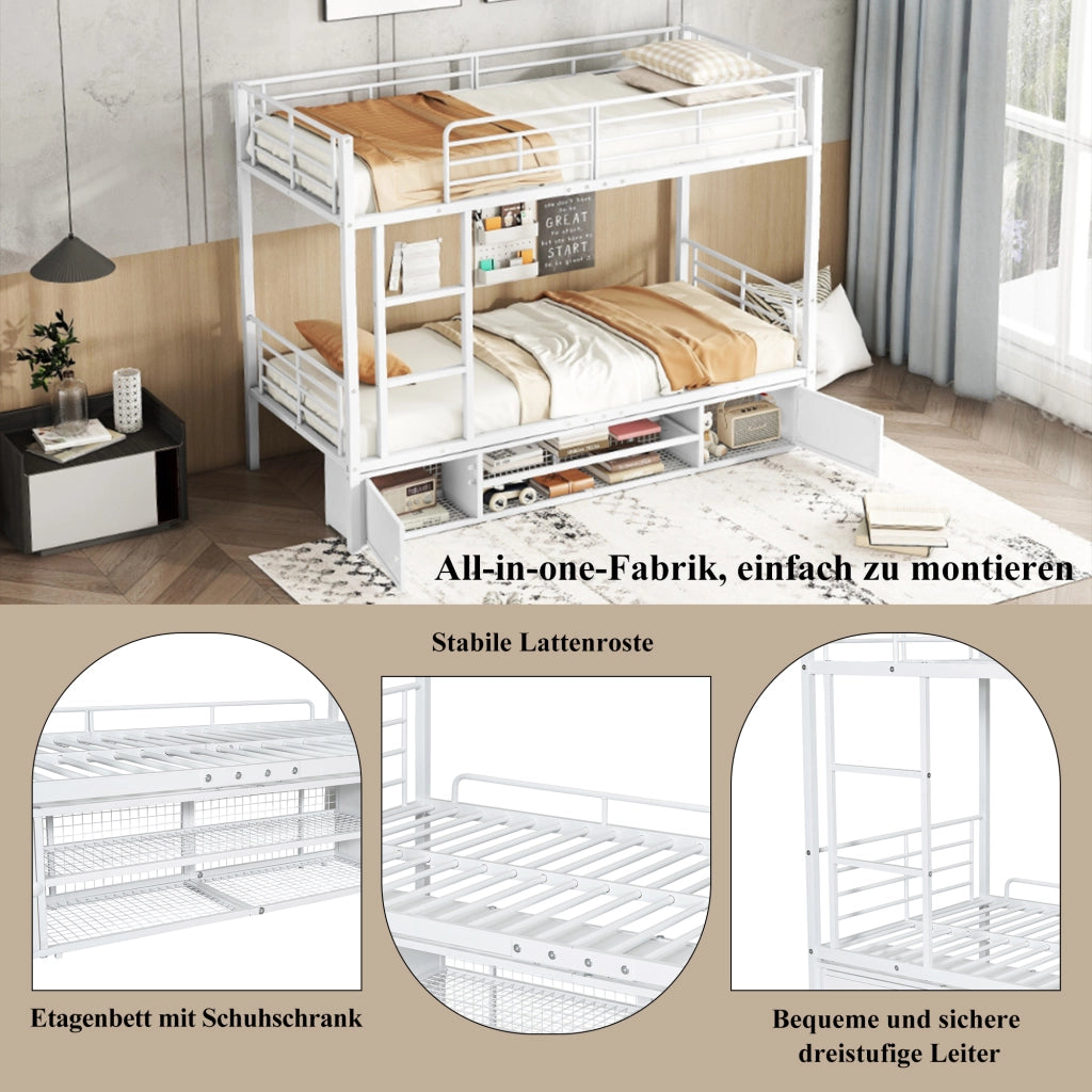 DESMIU Letto a Castello 2 Posti con Scala, Scarpiera e 2 Ante 90 × 200 cm, senza Materasso, Bianco