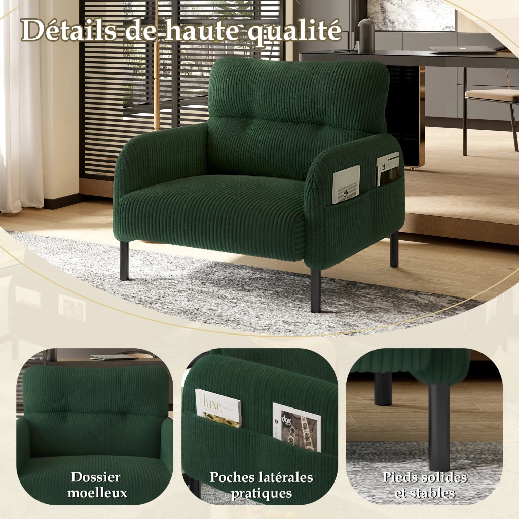 Poltrona 1 Posto con Tasca Laterale; Seduta Profonda e Schienale Ergonomico; Struttura in Metallo in Velluto a Coste Smeraldo