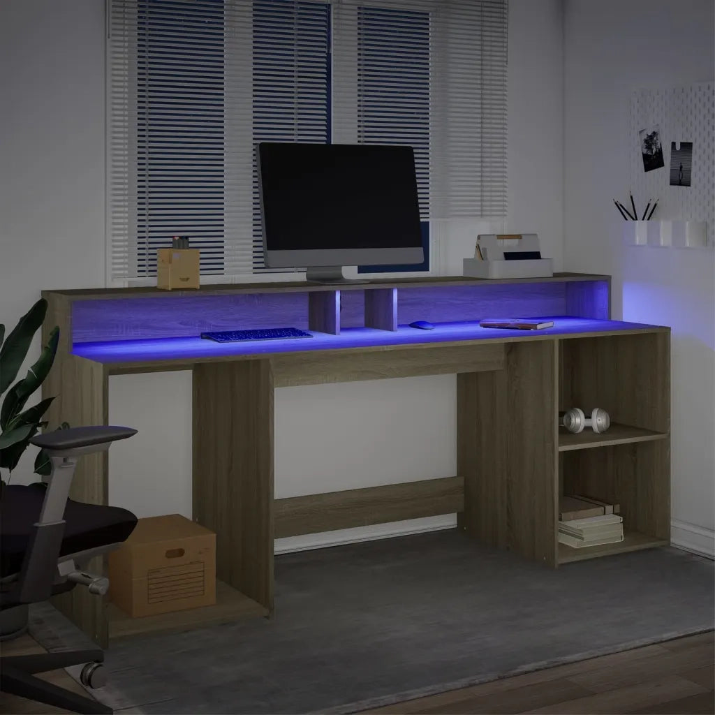 Scrivania con Luci LED Rovere Sonoma 200x55x91cm in Truciolato