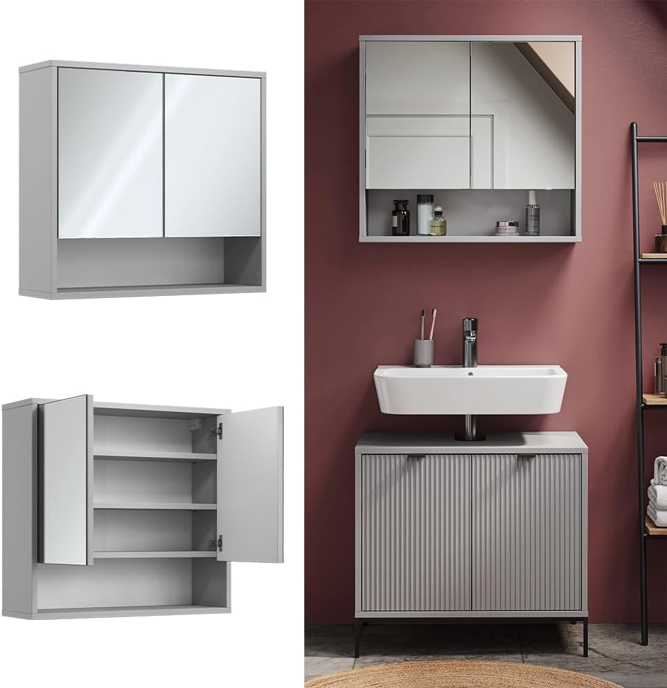 Specchio contenitore bagno Eliza, Grigio, 70 x 65 cm con 2 porte, adatto per montaggio a parete e combinabile con la serie Eliza