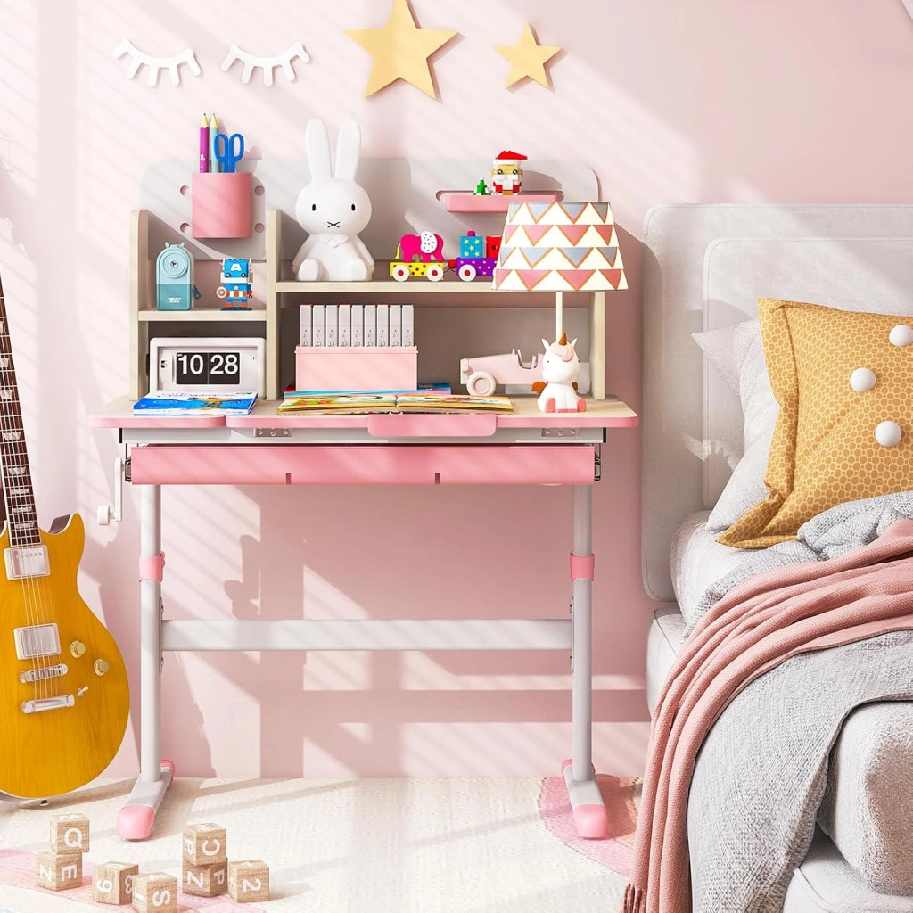 Scrivania per Bambini Regolabile in Altezza da 50 a 73cm, Rosa | Scrivania da Studio con Piano Inclinabile 60°, Scrittoio Cameretta con Scaffale, Cassetto, Portapenne e Righello