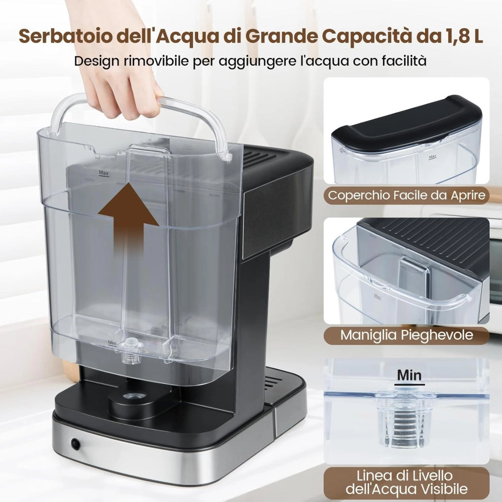 1200W Macchina da Caffè Professionale, Macchina per Espresso 20 Bar con Montalatte a Vapore, in Acciaio Inox per Cappuccino Latte Macchiato, 26 x 21 x 28 cm