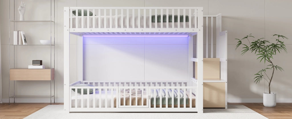 DESMIU Letto a castello 140 × 200 cm 2 posti con LED, scala contenitore, senza materasso, in MDF e metallo, bianco