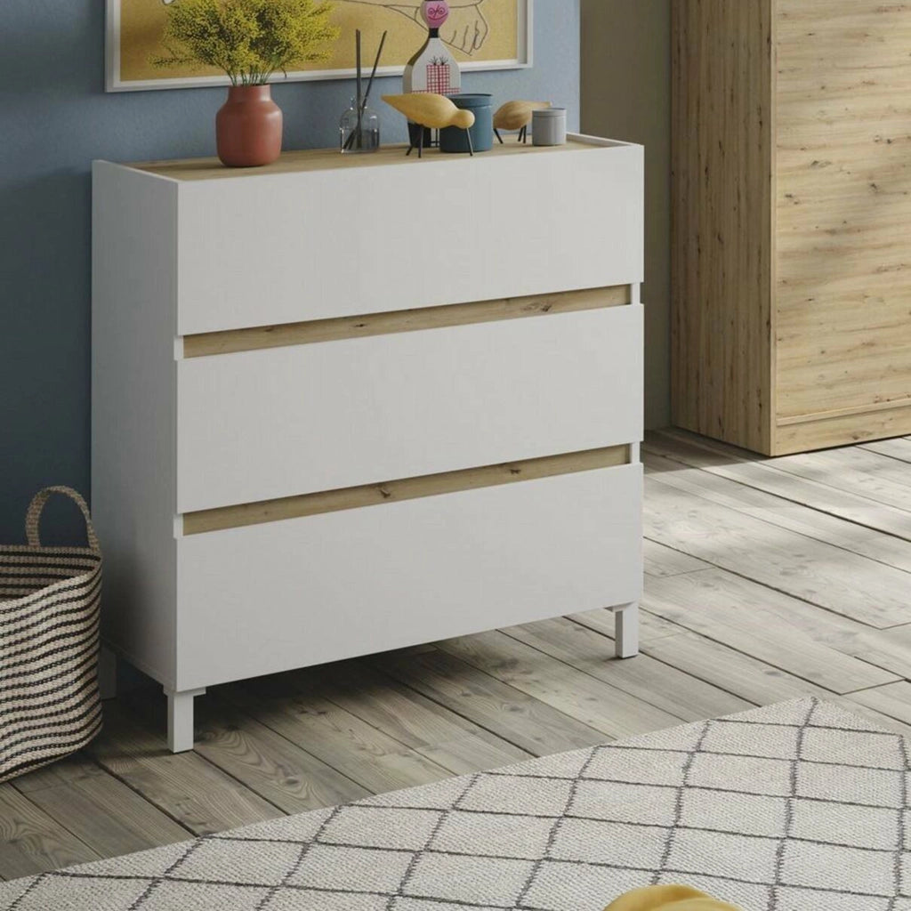 Cassettiera Teddy, Settimino multiuso, Comò camera da letto, Mobile con cassetti, 79x41 h91 cm, Bianco e Rovere Nodi