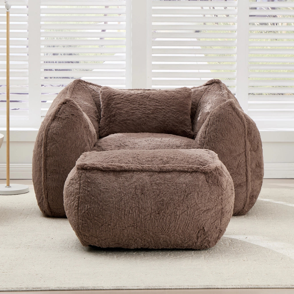 Poltrona pouf ergonomica senza montaggio con poggiapiedi e imbottitura in schiuma in faux fur kaki per relax