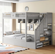 Letto a castello in legno 140x200 cm con letto inferiore idraulico; scaletta con ripiani; grigio
