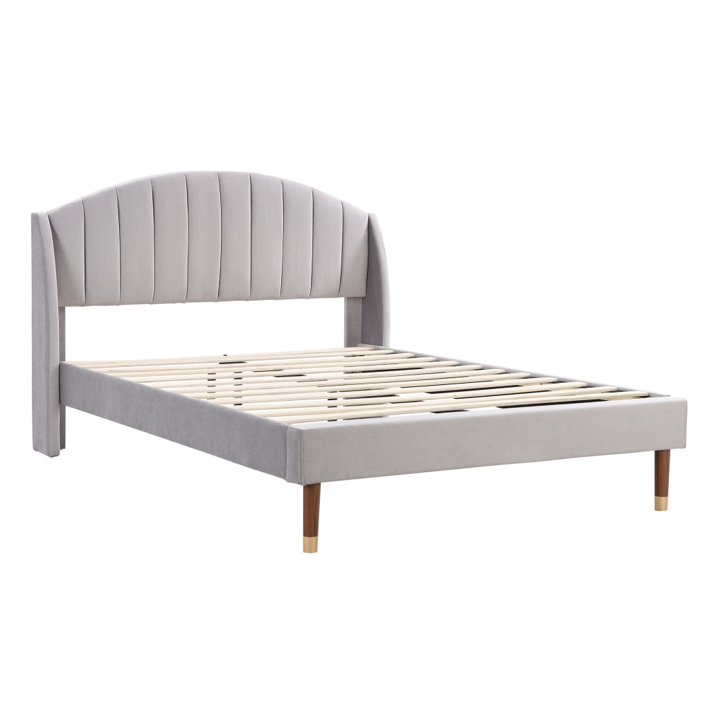 OKWISH Letto Matrimoniale 140×200 cm con Testiera Imbottita e Doghe in Legno, senza Materasso, in Velluto, Grigio