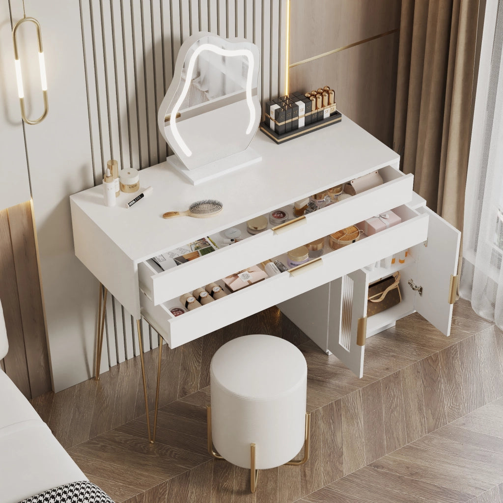Toeletta bianca con specchio LED a 3 luci, due cassetti e design scorrevole