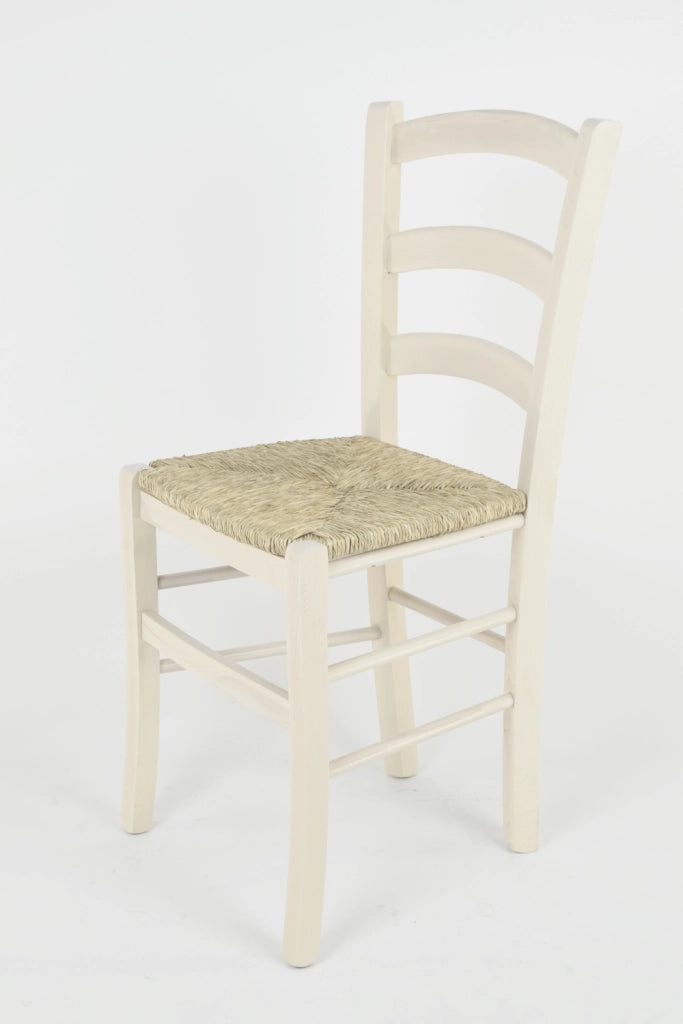 Set 6 Sedie Venice Tommychairs, robusta struttura in legno di faggio verniciata in anilina bianca e seduta in paglia