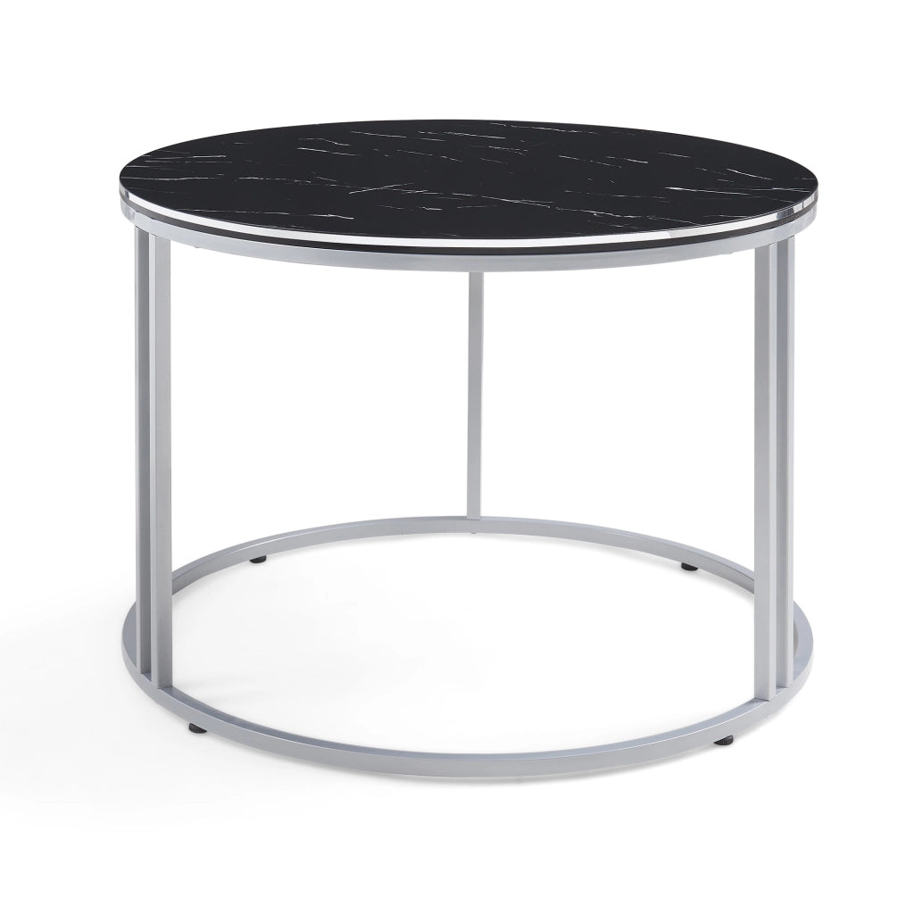 Tavolino Basso da Caffè 'Aulum' Piano Rotondo - Effetto Marmo Nero / Argentato [en.casa]